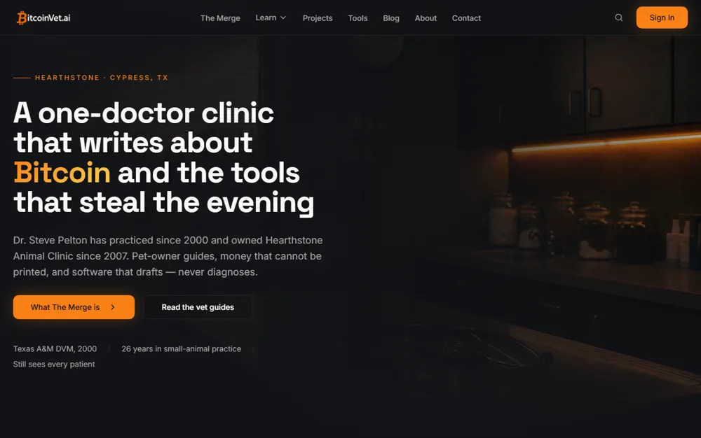 BitcoinVet.ai homepage, bringing veterinary medicine, Bitcoin and clinic software together